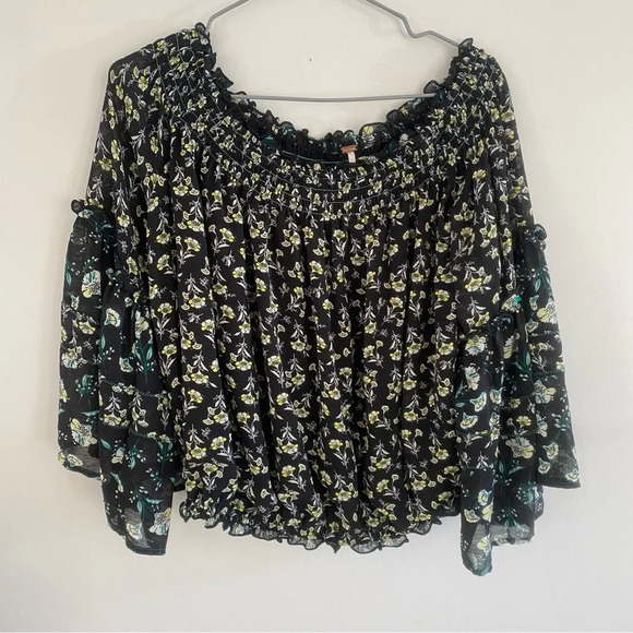 Free People Tops - Free People Rose Valley Blouse Top Floral Shirt Black Off Shoulder Size XS